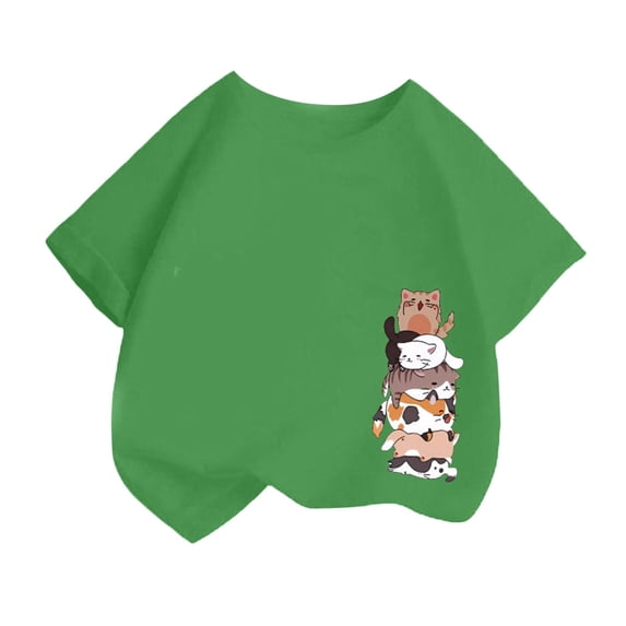 Curuila Kid Girls Tops Cartoon Print Crew Neck Short Sleeve Tee Summer Casual Loose T Shirt Green Size 4-6 Years