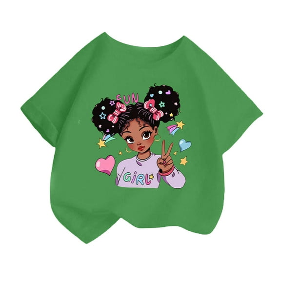 Curuila Kid Girls Tops Cartoon Print Crew Neck Short Sleeve Tee Summer Casual Loose T Shirt Green Size 8-10 Years
