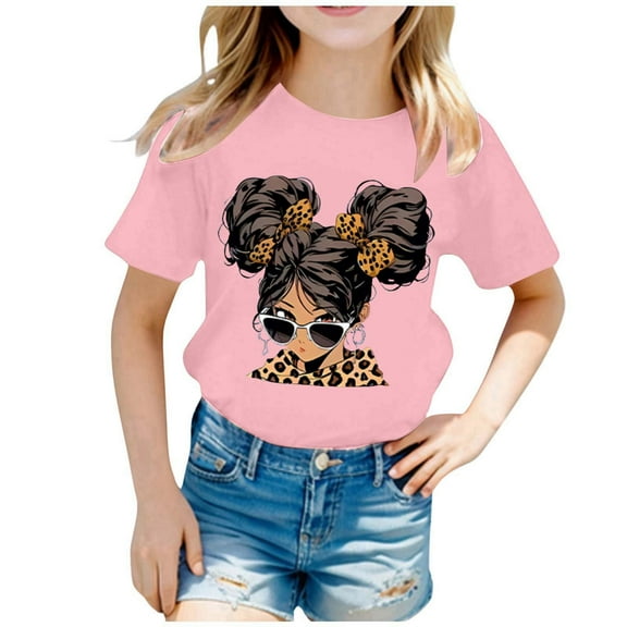 Curuila Kid Girls Tops Cartoon Print Crew Neck Short Sleeve Tee Summer Casual Loose T Shirt Pink Size 10-12 Years