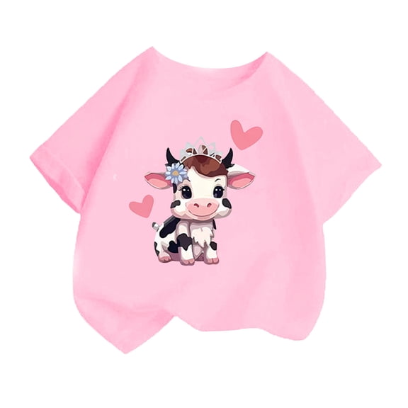 Curuila Kid Girls Tops Cartoon Print Crew Neck Short Sleeve Tee Summer Casual Loose T Shirt Pink Size 2-4 Years
