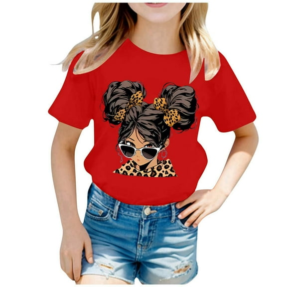 Curuila Kid Girls Tops Cartoon Print Crew Neck Short Sleeve Tee Summer Casual Loose T Shirt Red Size 12-14 Years