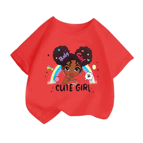 Curuila Kid Girls Tops Cartoon Print Crew Neck Short Sleeve Tee Summer Casual Loose T Shirt Red Size 4-6 Years
