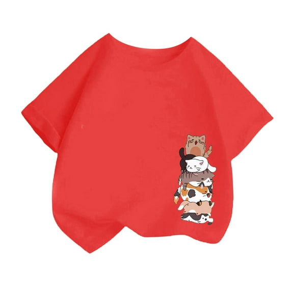 Curuila Kid Girls Tops Cartoon Print Crew Neck Short Sleeve Tee Summer Casual Loose T Shirt Red Size 6-8 Years