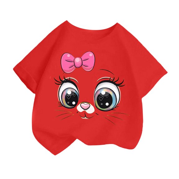 Curuila Kid Girls Tops Cartoon Print Crew Neck Short Sleeve Tee Summer Casual Loose T Shirt Red Size 6-8 Years