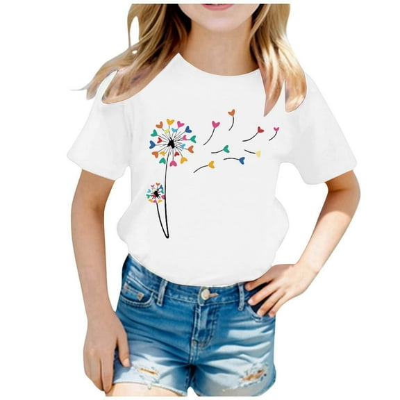 Curuila Kid Girls Tops Cartoon Print Crew Neck Short Sleeve Tee Summer Casual Loose T Shirt White Size 4-6 Years