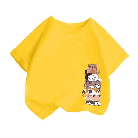 Curuila Kid Girls Tops Cartoon Print Crew Neck Short Sleeve Tee Summer Casual Loose T Shirt Yellow Size 10-12 Years
