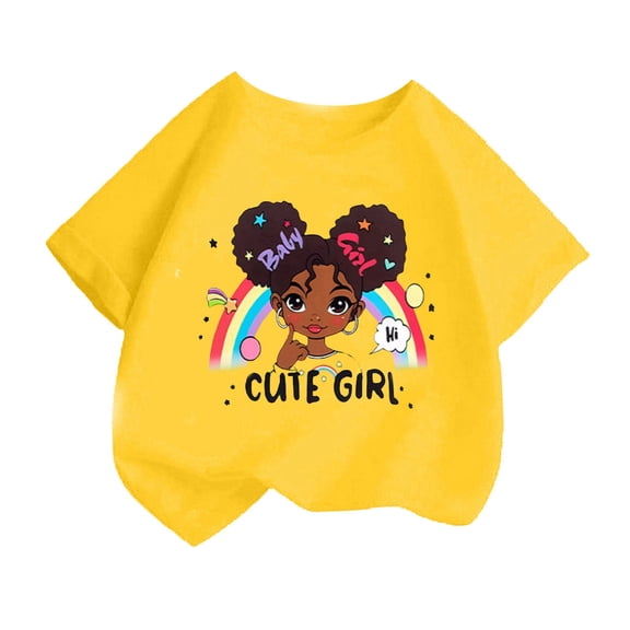 Curuila Kid Girls Tops Cartoon Print Crew Neck Short Sleeve Tee Summer Casual Loose T Shirt Yellow Size 8-10 Years
