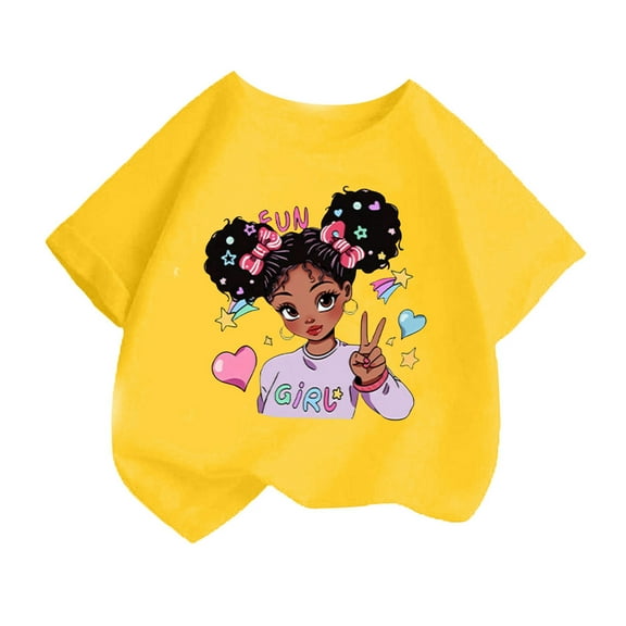 Curuila Kid Girls Tops Cartoon Print Crew Neck Short Sleeve Tee Summer Casual Loose T Shirt Yellow Size 8-10 Years