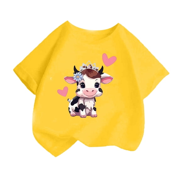 Curuila Kid Girls Tops Cartoon Print Crew Neck Short Sleeve Tee Summer Casual Loose T Shirt Yellow Size 8-10 Years