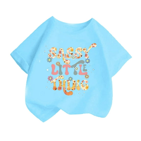 Curuila Kid Girls Tops Letter Print Crew Neck Short Sleeve Tee Summer Casual Loose T Shirt Blue Size 8-10 Years