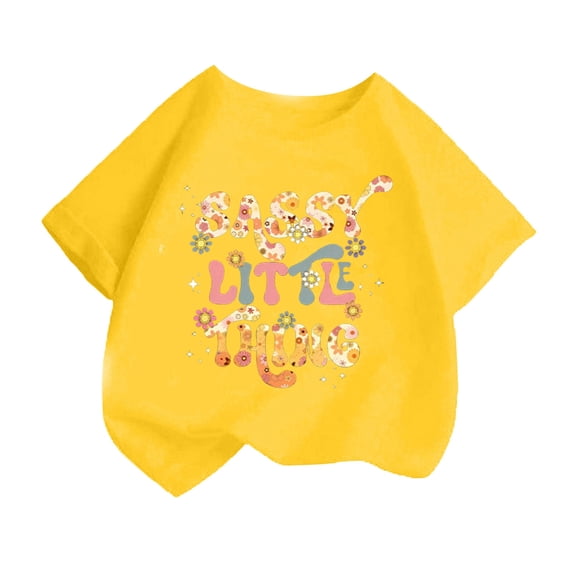 Curuila Kid Girls Tops Letter Print Crew Neck Short Sleeve Tee Summer Casual Loose T Shirt Yellow Size 2-4 Years