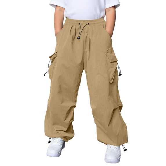 Curuila Kids Boys Cargo Pants Elastic Waistband Solid Color Wide Leg Pants For Boys Loose Fit Casual Soft Joggers Trousers Size 13-14 Years