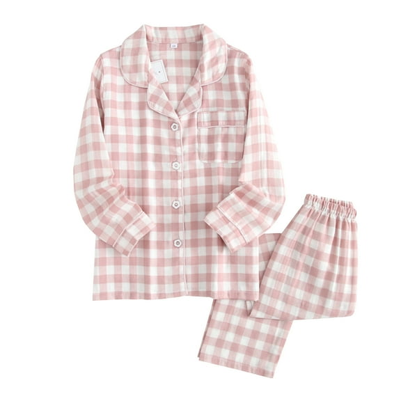 Curuila Kids Boys Girls Pajamas Plaid Print Long Sleeve Button Down Lapel Top Long Pants Sleepwear Comfort Outfit Set Pink Size 5-6 Years
