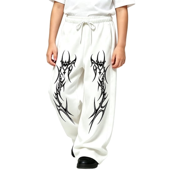 Curuila Kids Boys Sweatpants Elastic Waistband Drawstring Graphic Print Wide Leg Pants For Boys Loose Fit Fashionable Joggers Trousers Size 8-9 Years