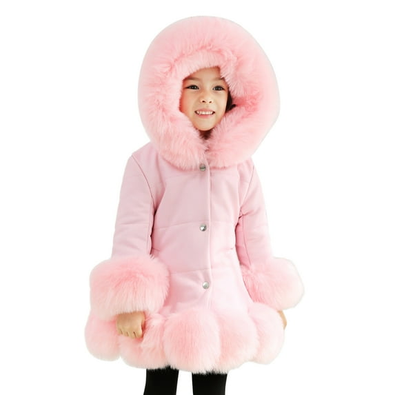 Curuila Kids Girls Coat Thicken Winter Warm Button Solid Color Jacket Hooded Long Sleeve Mid-Length Outerwear Pink Size 12-18 Months
