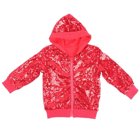 Curuila Kids Girls Jackets Sequin Solid Color Long Sleeve Zip Up Hooded Jacket Shiny Fashion Lightweight Mid-Length Clothes Red Size 6-7 Years