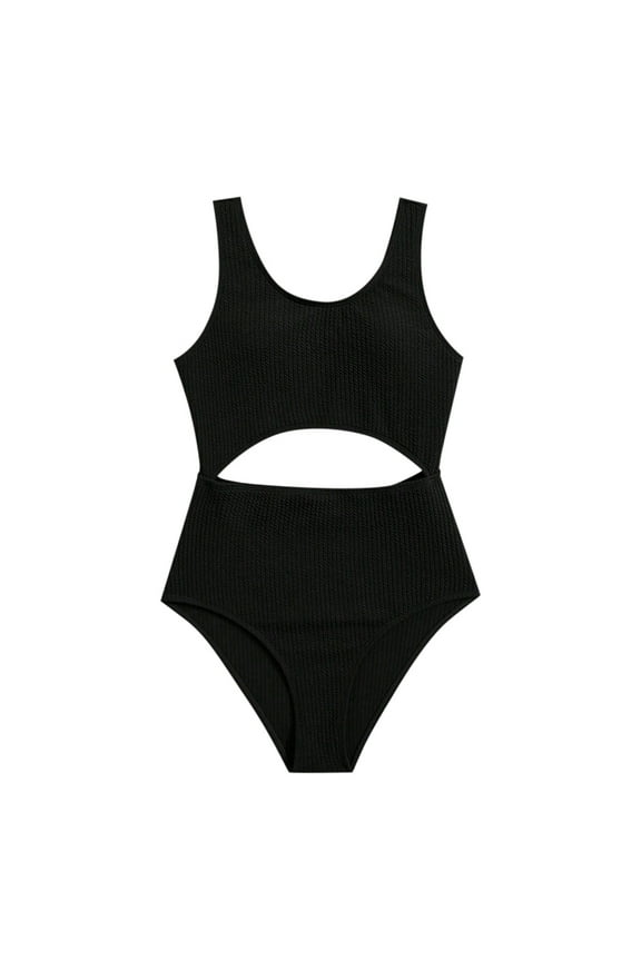 Kids Girls One Piece Swimsuits Solid Color Cute Crew Neck Halter Comfort Swimming Suit Black Size 10-11 Years