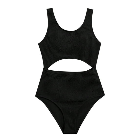 Curuila Kids Girls One Piece Swimsuits Solid Color Cute Crew Neck Halter Comfort Swimming Suit Black Size 8-9 Years