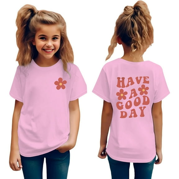 Curuila Kids Girls T Shirt Flower Letter Print Crew Neck Short Sleeve Summer Tops Pink Size 7-8 Years