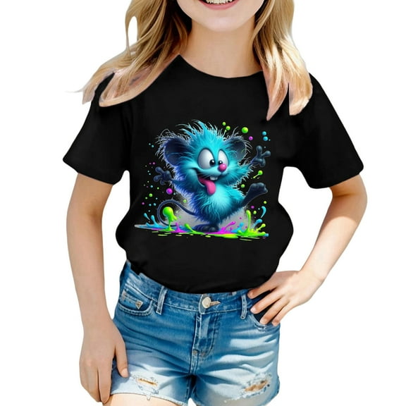 Curuila Kids Girls T Shirt Short Sleeve Casual Loose Fit Animal Print Crew Neck Summer Tops Black Size 8-9 Years