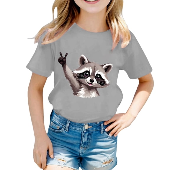Curuila Kids Girls T Shirt Short Sleeve Casual Loose Fit Animal Print Crew Neck Summer Tops Light Gray Size 3-4 Years