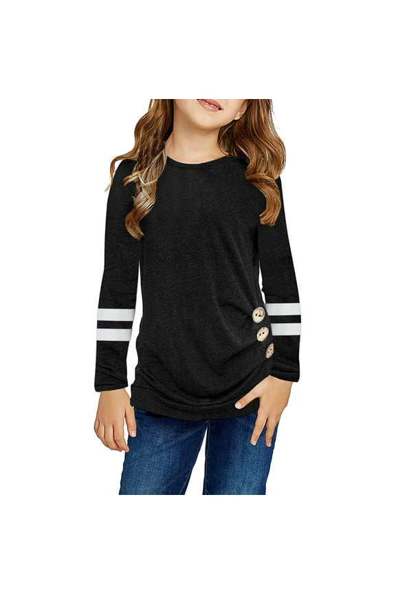 Kids Girls T Shirts Casual Long Sleeve Crew Neck Tops Button Striped Tee Autumn Clothes Black Size 10-11 Years