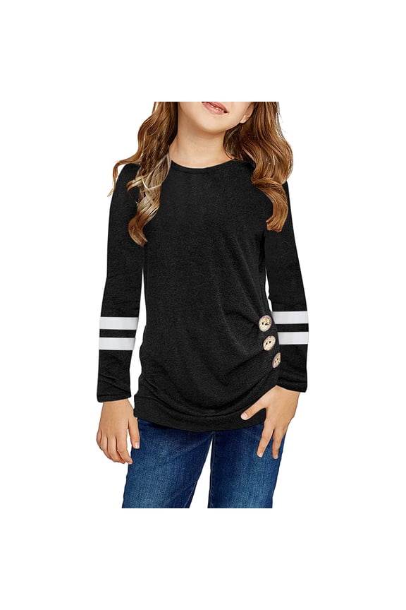 Kids Girls T Shirts Casual Long Sleeve Crew Neck Tops Button Striped Tee Autumn Clothes Black Size 8-9 Years