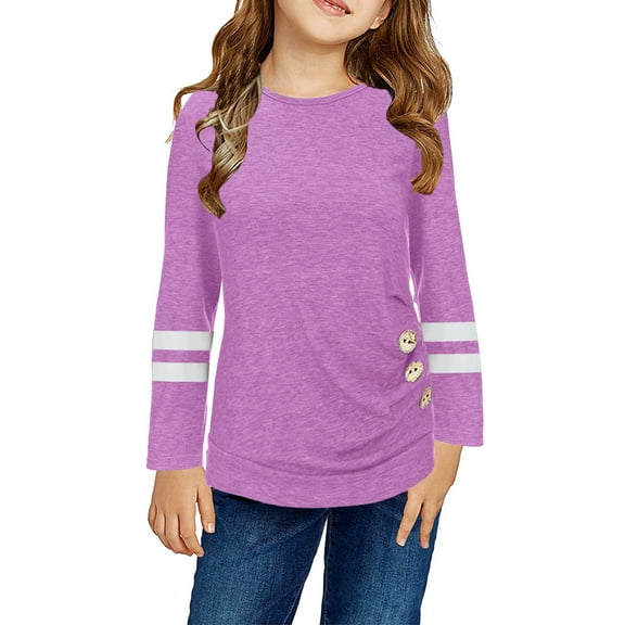Curuila Kids Girls T Shirts Casual Long Sleeve Crew Neck Tops Button Striped Tee Autumn Clothes Purple Size 8-9 Years