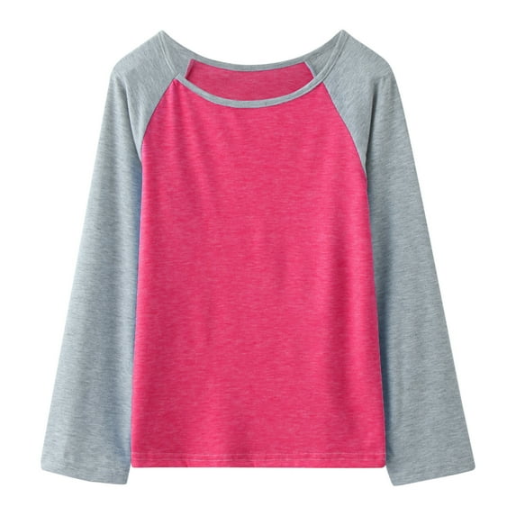 Curuila Kids Girls T Shirts Casual Long Sleeve Crew Neck Tops Patchwork Color Tee Autumn Clothes Hot Pink Size 8-9 Years
