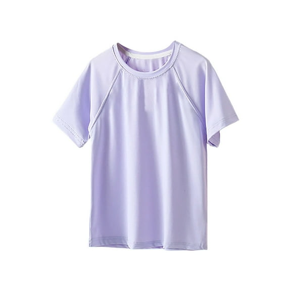 Curuila Kids Girls Tops Short Sleeve Swim Shirt Quick Drying Crew Neck Solid Color Tee For Kids Girls Youth Purple Size 11-12 Years