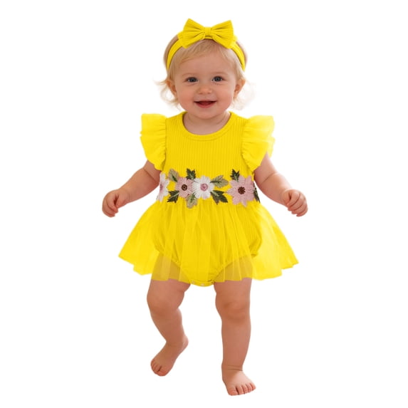 Curuila Kids Infant Girls Jumpsuit With Headbands Floral Dress Crew Neck Fly Sleeve Comfortable Bodysuits Yellow Size 1-3 Months