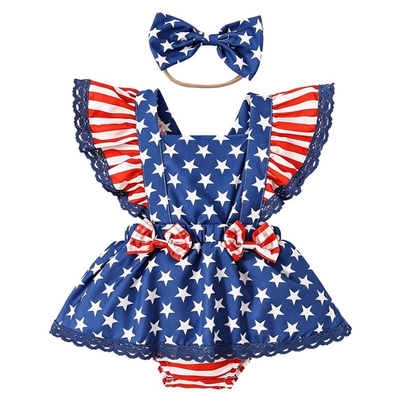 Curuila Kids Infant Girls Jumpsuit With Headbands Flutter Sleeve Independence Day Print Square Neck Fashionable Bodysuits Blue Size 9-12 Months