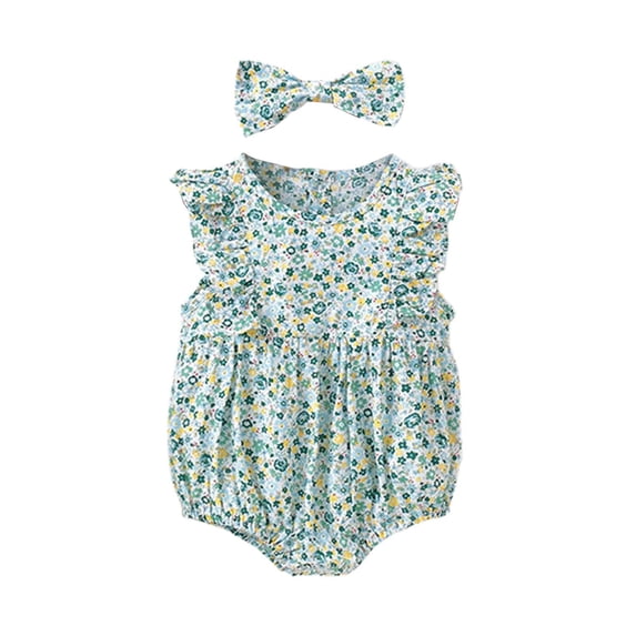 Curuila Kids Infant Girls Romper With Headbands Fly Sleeve Crew Neck Floral Prints Summer Casual Comfort Bodysuits Light Green Size 6-9 Months
