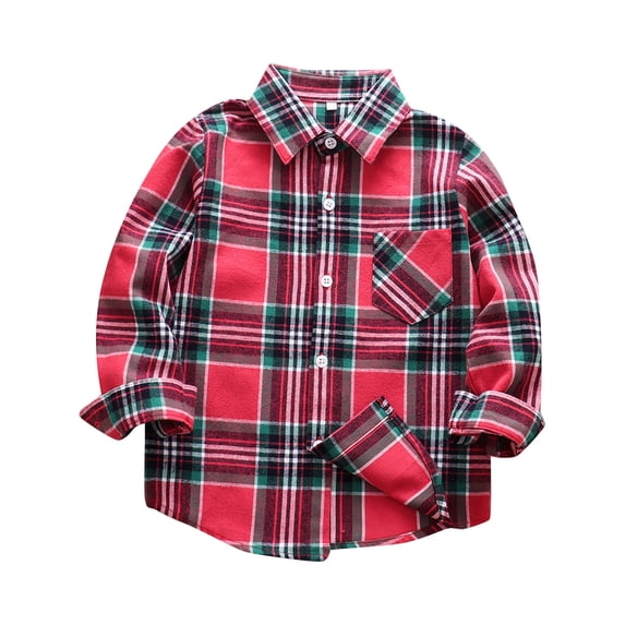Curuila Kids Toddler Boys Shirts Long Sleeve Plaid Print Lapel Button Down Shirts For Boys Loose Fit Comfortable Tops Red Size 5-6 Years