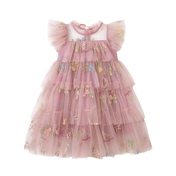 Curuila Kids Toddler Girls Mesh Dress Flutter Sleeve Floral Embroider Crew Neck Party Comfort Dresses For Girls Size 4-5 Years