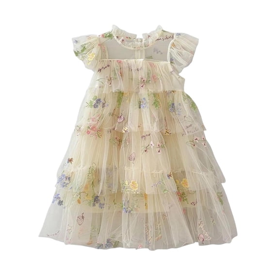 Curuila Kids Toddler Girls Mesh Dress Flutter Sleeve Floral Embroider Crew Neck Party Comfort Dresses For Girls Size 5-6 Years
