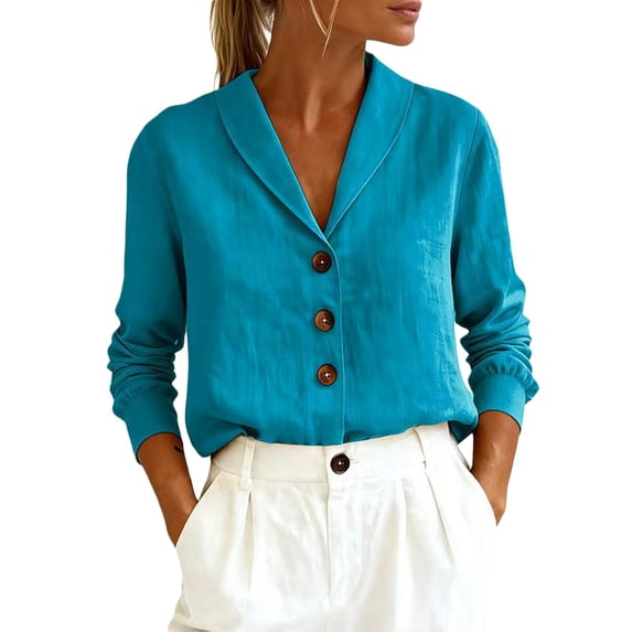 Curuila Long Sleeve Shirts For Women Casual Fashion Button Down V Neck Solid Color Breathable T Shirt Sky Blue Size Xl
