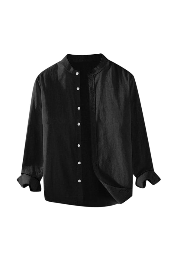 Long Sleeve Shirts For Women Loose Fit Crew Neck Solid Color Button Down Fashionable T Shirt Black Size L