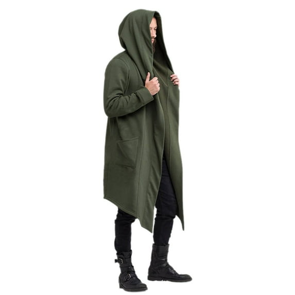 Curuila Men Hooded Solid Color Coat With Pocket Fashion Long Jacket Cardigan Long Sleeve Outwear Blouse Green Size M