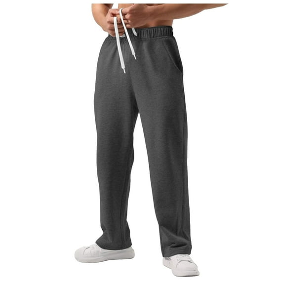 Curuila Men Pants Solid Color Drawstring Waistband Wide Leg Soft Comfort Long Trousers With Pocket Gray Size Xl