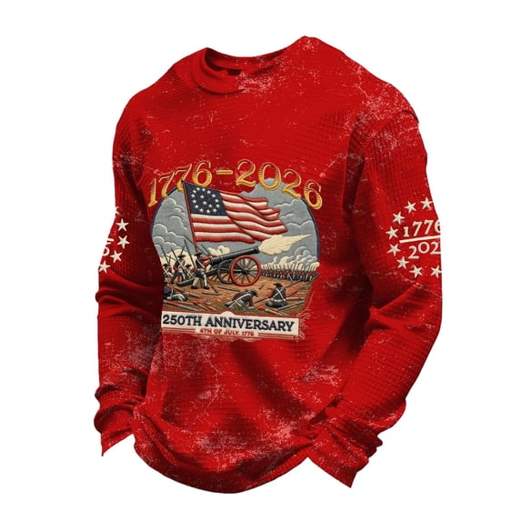 Curuila Mens 250 Anniversary Usa Shirt Crew Neck Long Sleeve Print Patriotic Comfortnable Tee Red Size Xl