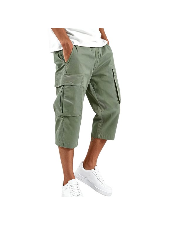 Mens Cargo Pants Elastic Waistband Solid Color Half Length Cargo Pants For Men Loose Fit Comfort Joggers Trousers With Pocket Size 2Xl