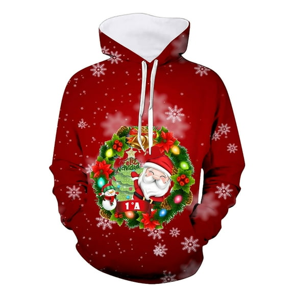 Curuila Mens Hoodies Christmas Cartoon Print Long Sleeve Pullover With Pocket Fashion Loose Warm Autumn Winter Sweatshirt Brown Size L