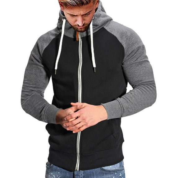Curuila Mens Hoodies Color Block Long Sleeve Zipper Pullover With Pocket Fashion Loose Warm Autumn Winter Sweatshirt Black Size L