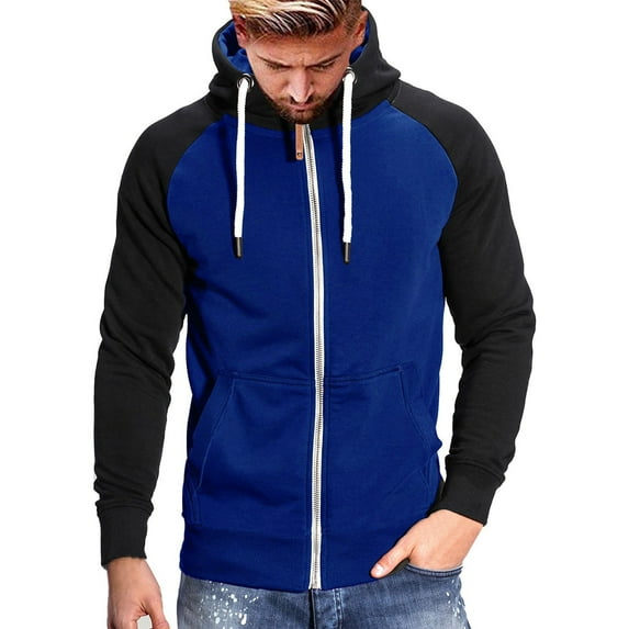 Curuila Mens Hoodies Color Block Long Sleeve Zipper Pullover With Pocket Fashion Loose Warm Autumn Winter Sweatshirt Blue Size L