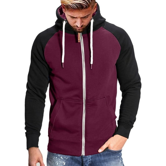 Curuila Mens Hoodies Color Block Long Sleeve Zipper Pullover With Pocket Fashion Loose Warm Autumn Winter Sweatshirt Red Size M
