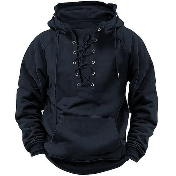 Curuila Mens Hoodies Solid Color Long Sleeve Lace Up Pullover With Pocket Fashion Loose Warm Autumn Winter Sweatshirt Black Size L