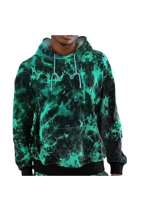 Mens Hoodies Tie-Dye Long Sleeve Pullover With Pocket Fashion Casual Autumn Winter Sweatshirt Green Size L