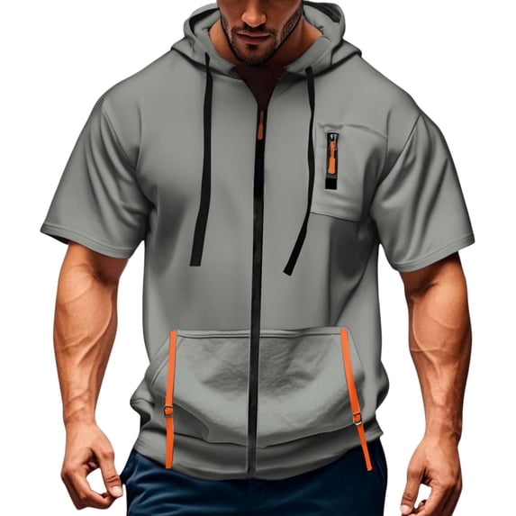 Curuila Mens Hoodies With Pocket Zip Up Short Sleeve Hooded Solid Color Sweatshirt For Men Summer Fashion Casual Tops Light Gray Size 2Xl