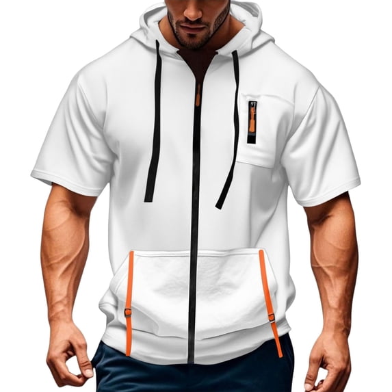 Curuila Mens Hoodies With Pocket Zip Up Short Sleeve Hooded Solid Color Sweatshirt For Men Summer Fashion Casual Tops White Size M